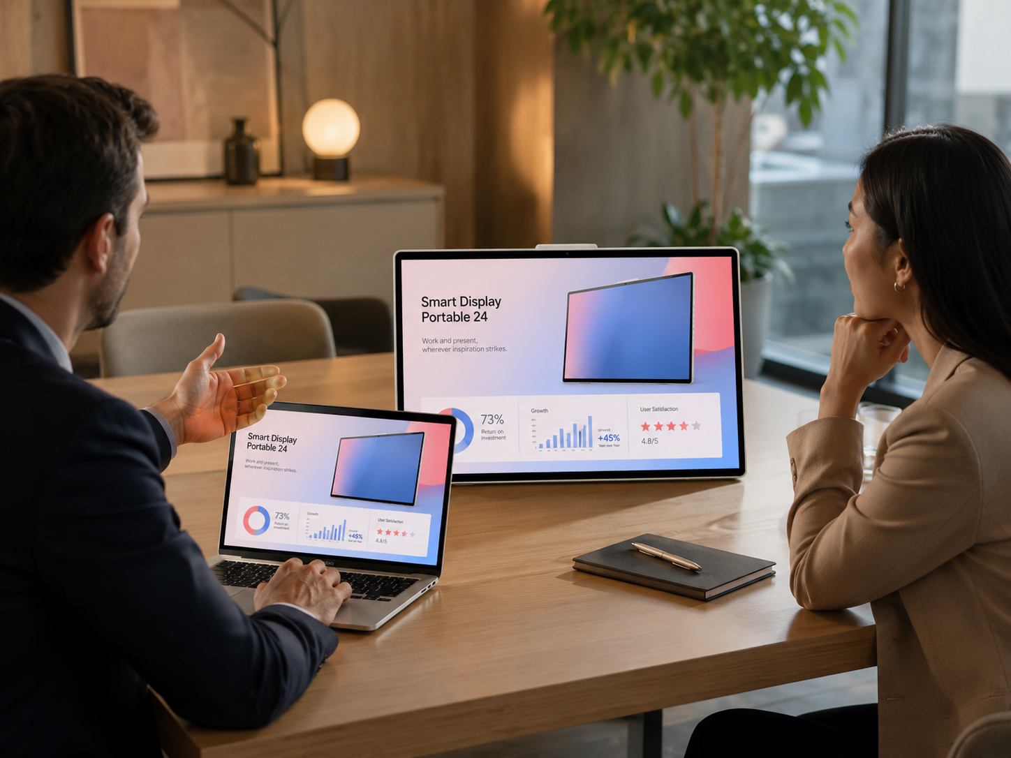 Verkoper bedient de presentatie vanaf zijn laptop terwijl de klant meekijkt op de Portable 24
