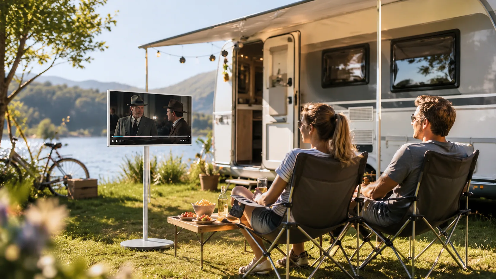 Camperreizigers kijken samen naar Smart Display op hun campingplek