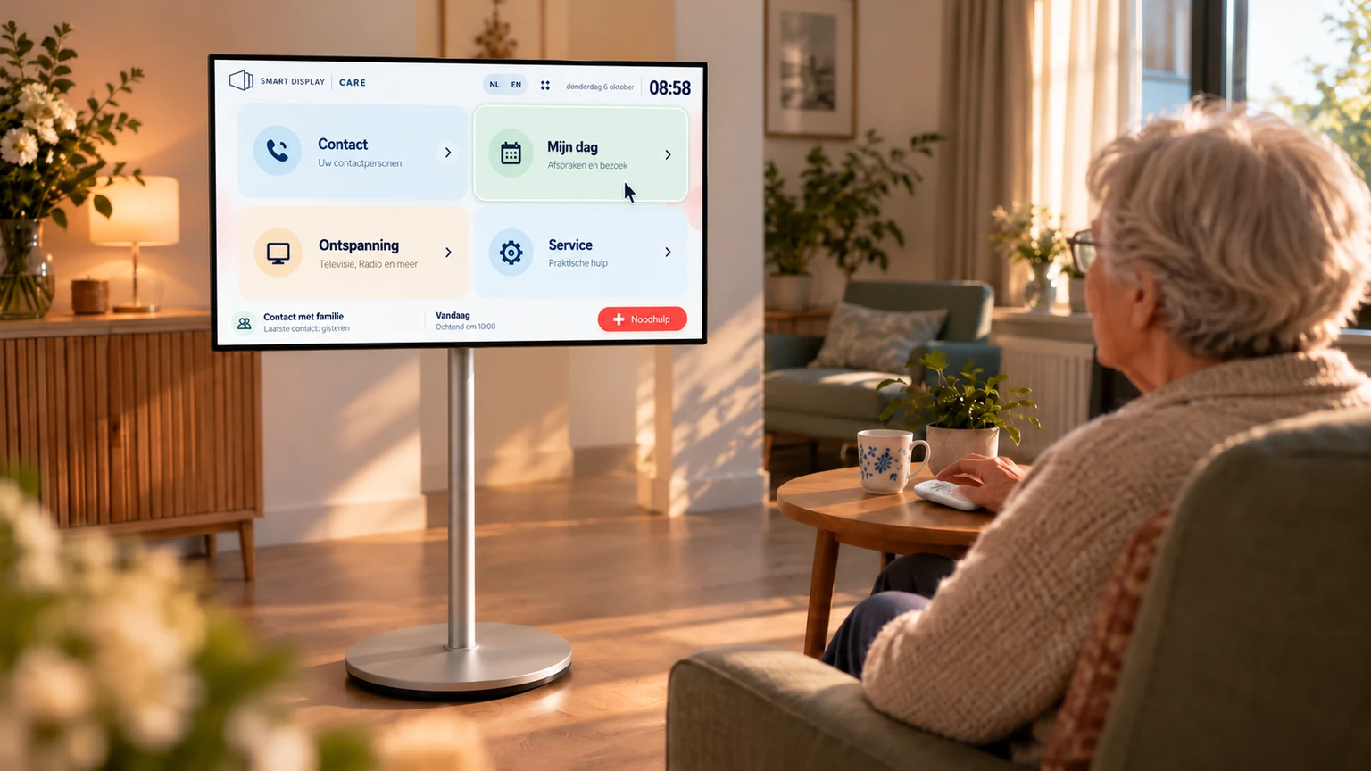 Smart Display met het Care-startscherm in een rustige, huiselijke zorgomgeving