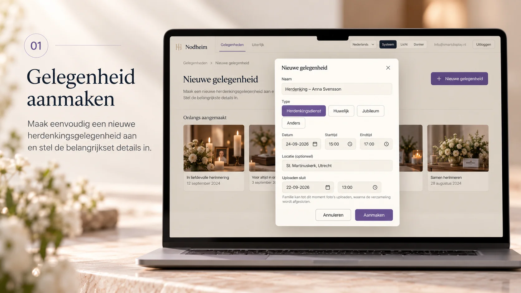 Workflowbeeld: een uitvaartondernemer maakt een gelegenheid aan