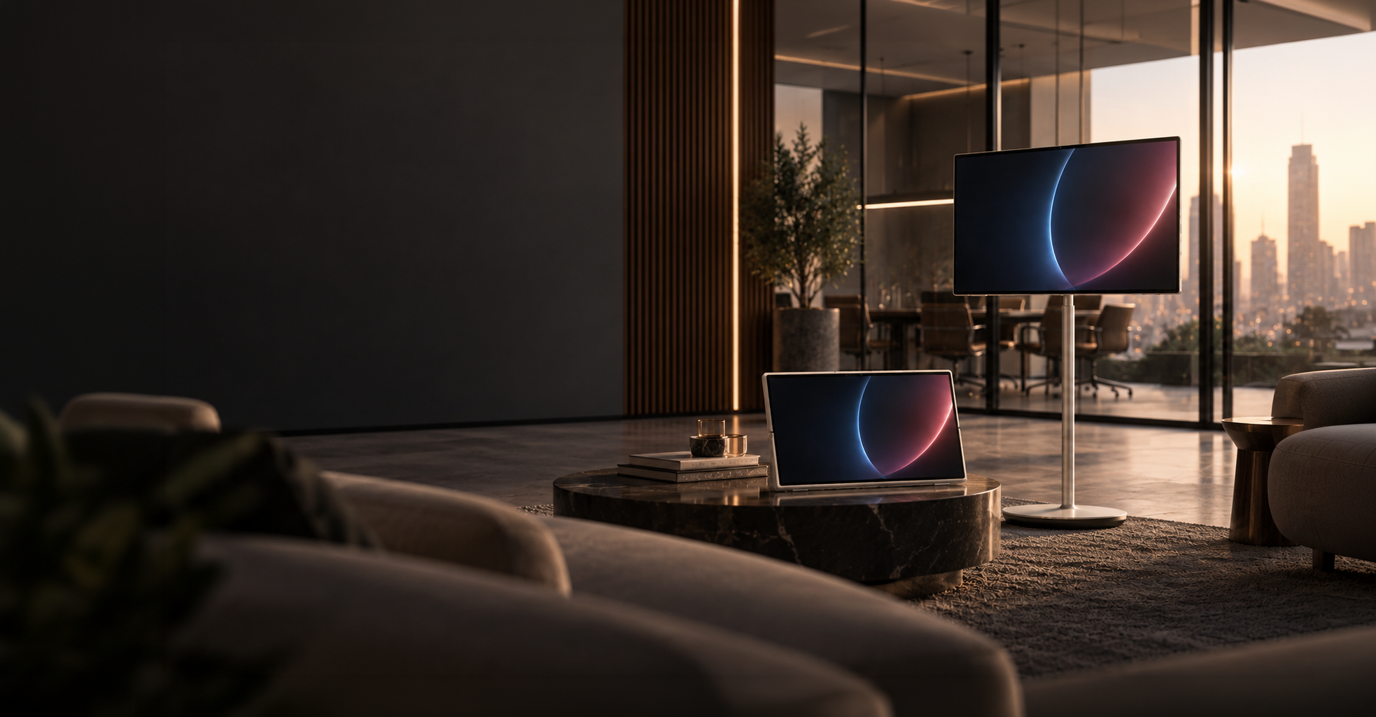 Twee Smart Displays in een moderne zakelijke lounge