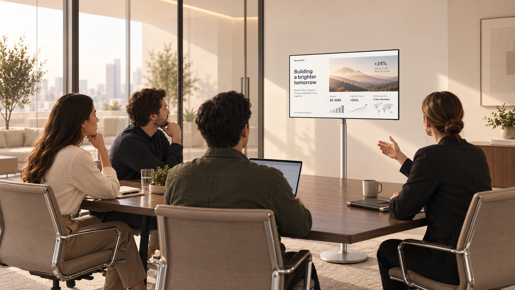 Collega's bespreken samen een presentatie op Smart Display